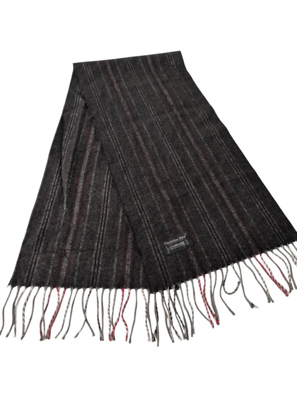 Vintage Christian Dior Monsieur Cashmaire Stripe Scarf Gray Fringe Rectangle